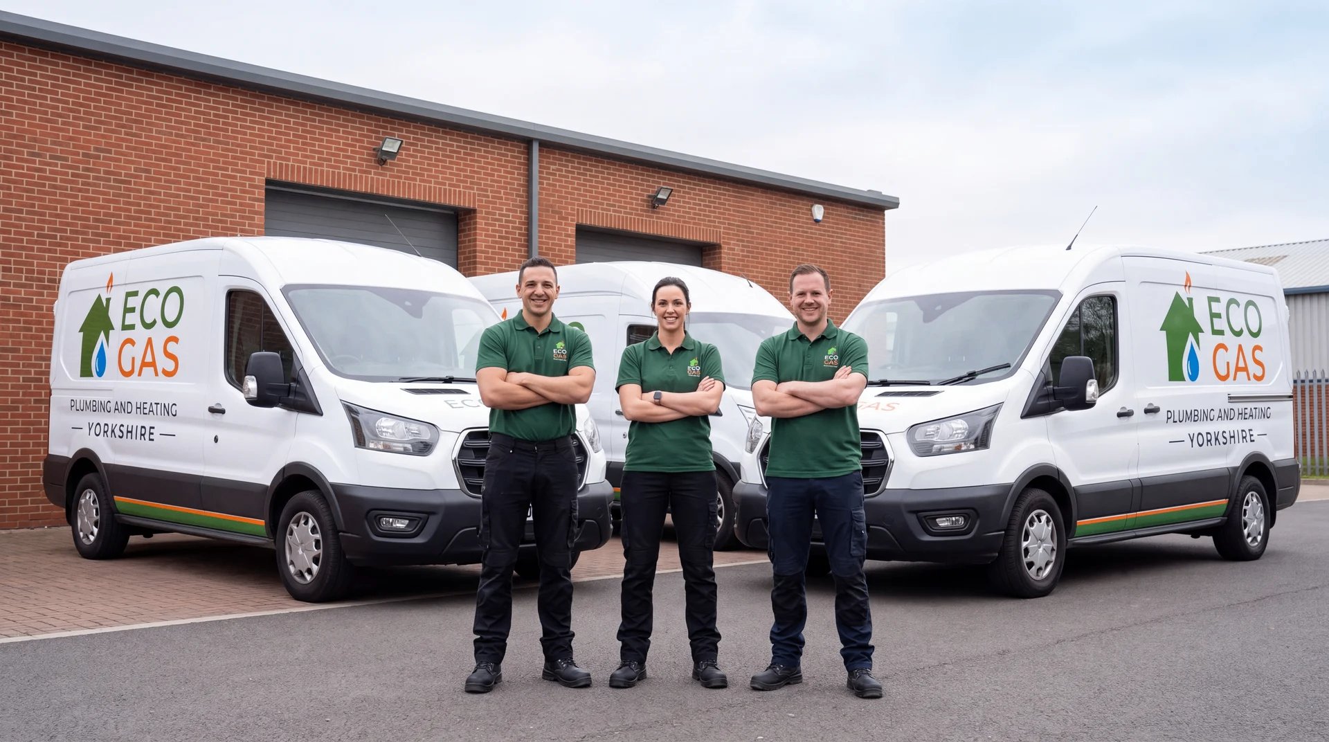 The EcoGas team standing in front of their liveried vans outside the Huddersfield base